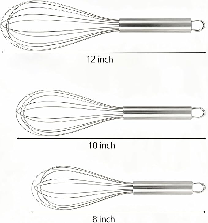Stainless Steel Whisk Set, 3 Sizes (8", 10", 12") Kitchen Whisks for Cooking, Balloon Wire Whisk for Mixing, Whisking, Beating, Blending, Egg Beater, Baking, Whipping Cream, Frothing Milk