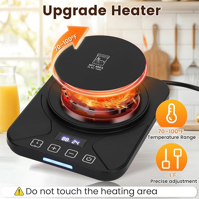 Sourdough Starter Warmer with 1°F Thermostat Control(70-100℉)24H Timer Memory Function Heating Pad for Fermentation, Heating Mat for Home Baking Fits Jars Up to 40oz (Black)