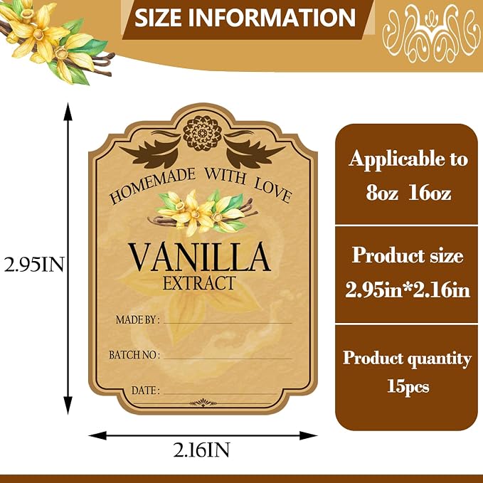 15PCS Vanilla Extract Labels, Holiday Gift Stickers Homemade Vanilla Stickers, Vintage Vanilla Extract Labels for 8 oz,16 oz Bottles (2.95inch X 2.16inch)