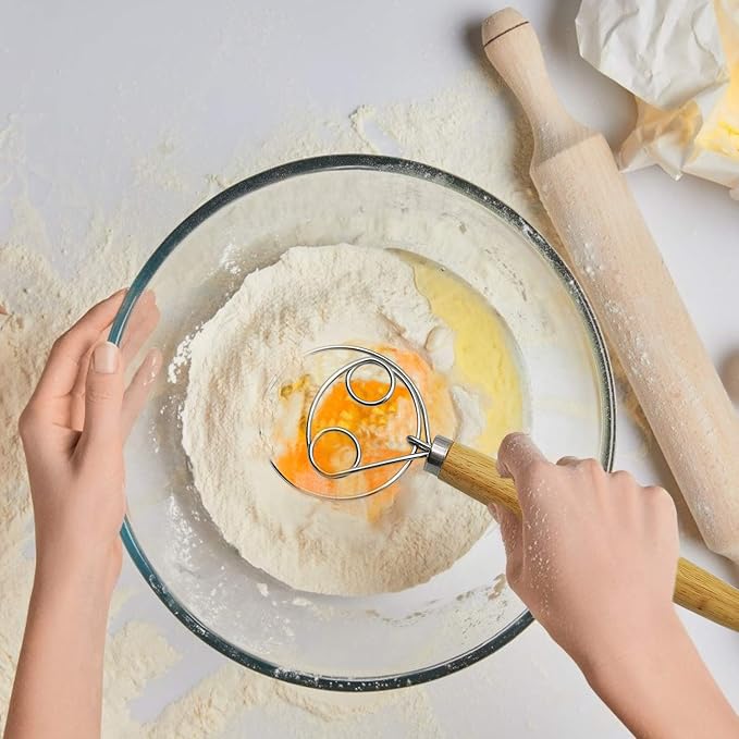 Listenman Danish Dough Whisk Bread Mixer & Egg Whisk Kits, 2 Pack Premium Stainless Steel Dutch & 1 Pack Hand Push Rotary Blender for Pastry Pizza Dough, with a Dough Scraper for Bread