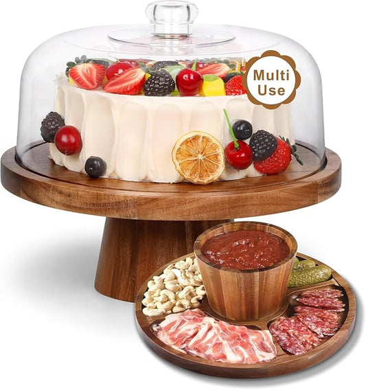 Bellsal Wooden Cake Stand with Lid, Acacia Cake Stand with Plastic Dome, 12-Inch Versatile Dessert Table Display Set & Charcuterie Board for Cheese, Chips & Dips, Fruit Platter, Cake Holder for Party