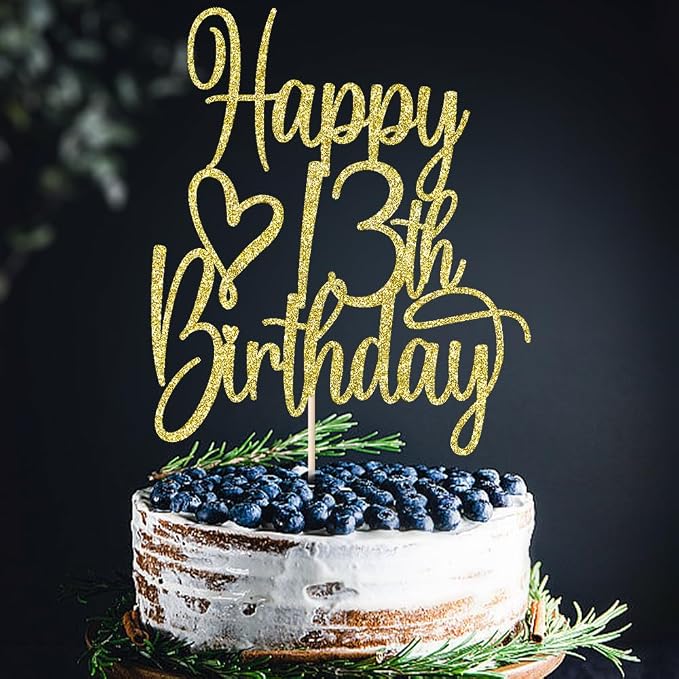 Gold Glitter Happy 13th Birthday Cake Topper - Cheers to 13 Years Cake Topper, 13 & Fabulous Cake Decoration for Hello 13th Birthday Anniversary Party Cake Decorations Supplies