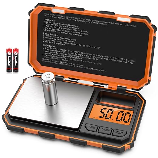 Digital Gram Scale, 200g x 0.01g Pocket Scale, Mini 6 Units Jewelry Scale with LCD Display, Tare Function for Food, Jewelry, Coin, Coffee,with 50g Calibration Weight(Battery Included)