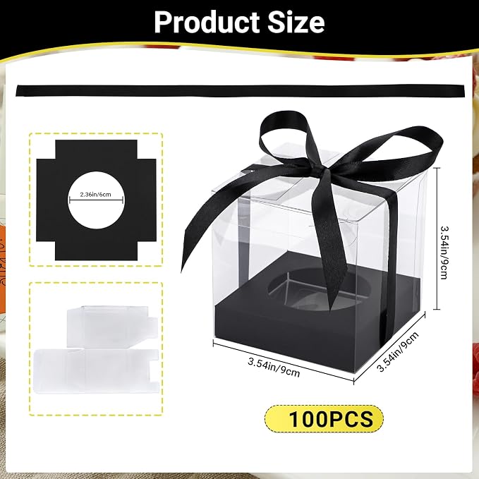EUSOAR Black Cupcake Containers, 100pcs 3.5 Inch Individual Cupcake Wrappers Cupcake Holder, Single Display Plastic Cupcake Carrier with Ribbon and Inserts for Wedding Birthday Party Favor