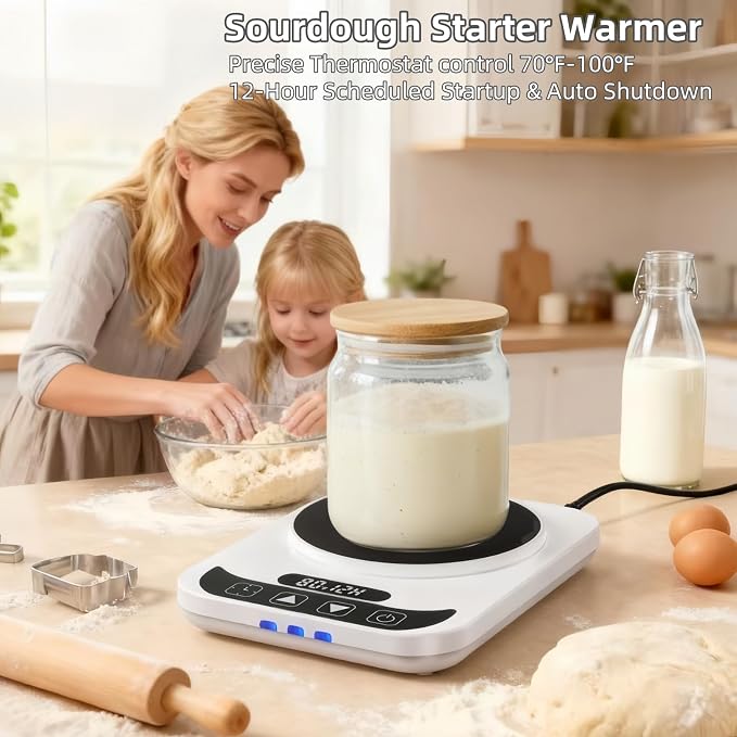 Sourdough Starter Warmer Mat, Precise 1°F Thermostat 70–100°F, 12H Timer Auto Shut-Off, Fermentation Heating Mat for Bread Proofing, Yogurt Making & Home Baking
