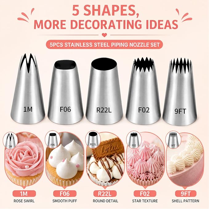 5 Pieces Large Piping Stainless Steel Cake Decorating Nozzle Set | F02 F06 R22L 9FT 1M,For Cakes,Cupcakes,Cookies