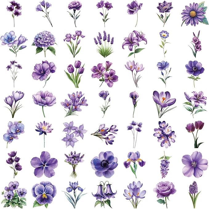 50Pcs Transparent Purple Flowers Stickers