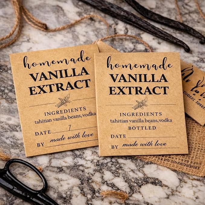 Kraft Paper Homemade Vanilla Labels Stickers, 60 Pack, 1.5×2 Inch Square, for Madagascar Vanilla Beans & Vodka Extract, DIY Vanilla Bottles, Jars & Kitchen Pantry Storage (60) (60)