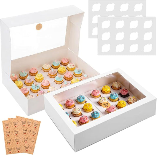 Fuutreo 10 Pack Mini White Cupcake Boxes with Window 16 x 11 x 4 Inches 24 Count Auto Pop up Large Cookie Boxes Cupcake Containers with Thank You Label Stickers for Muffins Pastries Donuts Cookies