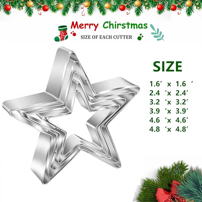 6 Pieces Star Cookie Cutters, 3D Christmas Tree Cookie Cutter Set, 4th of July Cookie Cutters, Assorted Sizes Stainless Steel Star Shapes, Molds for Making Biscuit Molds Fondant Decorations
