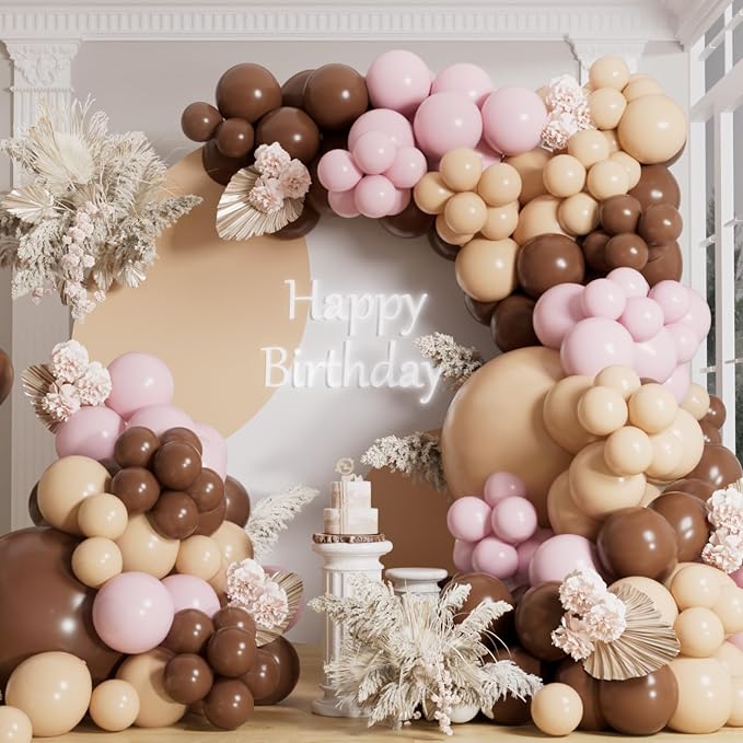 AULE Brown Balloon Arch Kit 155Pcs Coffee Brown Beige Light Pink Balloons Garland for Birthday Graduation Neutral Woodland Safari Anniversary Teddy Bear Baby Shower Theme Party Decoration