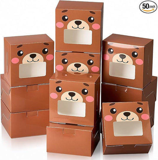 50 Pack Little Bear Cookie Boxes with Window, Cute Treat Boxes for Baby Shower, Kids Birthday & 1st Birthday, Gender Reveal, Bear Party Favor for Cookies, Macarons & Cupcakes