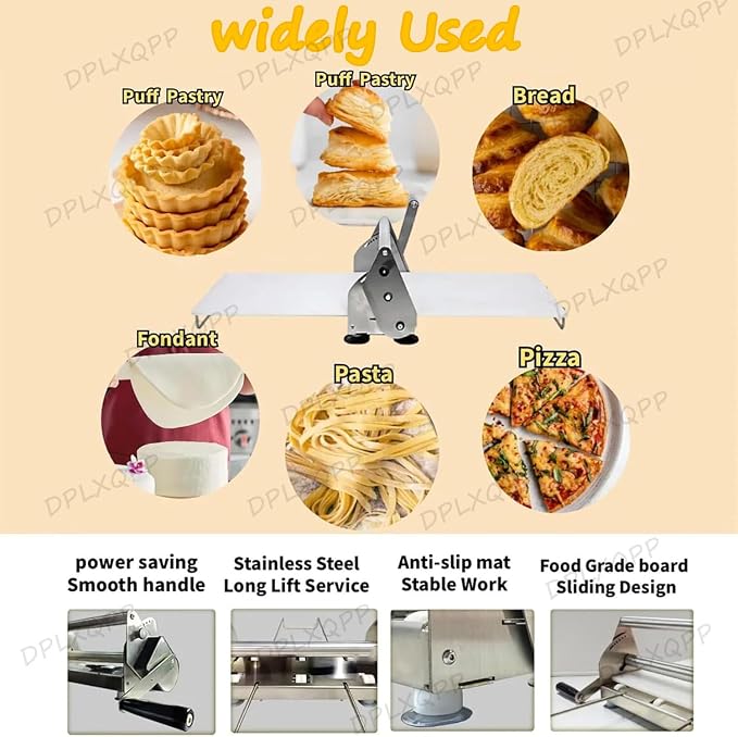 Commercial & Home Use Hand Crank Dough Sheeter Machine,Rs201 Adjustable Thickness (0-27mm) for Croissants,Pizza, Pasta,Foldable Stainless Steel Pastry Roller with Non-stick Pp Panel,RS201