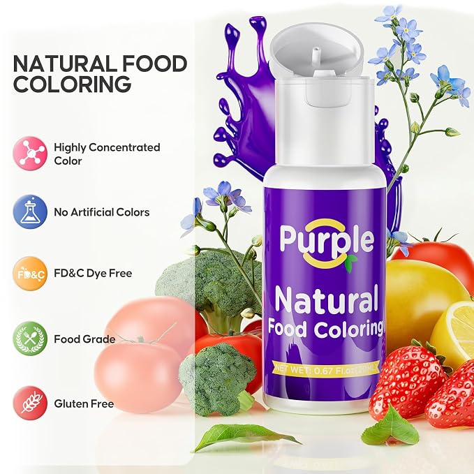 Natural Food Coloring- 20 Milliliters Dye Free Natural Food Coloring, FD&C & Artificial Dye Free Formula for Baking, Icing and Cooking, Cakes, Cupcakes, Frosting，Easter Eggs & Holiday Treats (PURPLE)