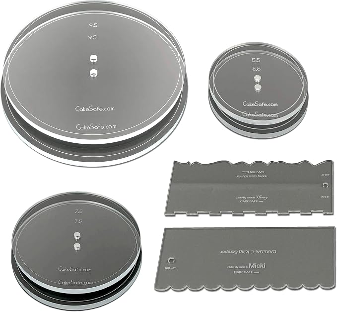 CAKESAFE Essential Cake Decorating Acrylic Disk Kit - 3 Sets - Round 5.5”, 7.5” and 9.5" Disk Sets (2 disks per size), 2-8" Icing Scrapers with 1 Scraper Edge and 3 Cake Comb Patterns