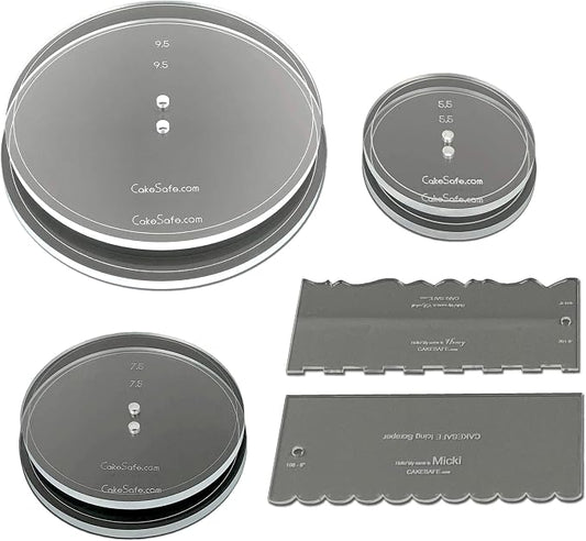 CAKESAFE Essential Cake Decorating Acrylic Disk Kit - 3 Sets - Round 5.5”, 7.5” and 9.5" Disk Sets (2 disks per size), 2-8" Icing Scrapers with 1 Scraper Edge and 3 Cake Comb Patterns
