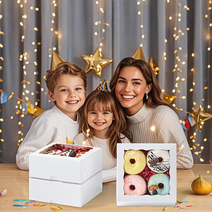 NEKSUNBAK 20 Pack 6"x6"x2.5" Bakery Boxes with Window -Chocolate Covered Strawberries, Small Cake, Cookie, Pastry, Mini Donitas & Cakesickle Truffle Chocolate Boxes