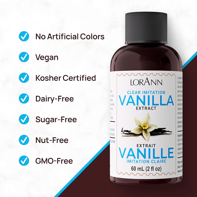 LorAnn Clear Imitation Vanilla Extract 2 Ounce (60ml) - Kosher, Vegan, Sugar-Free, No Corn Syrup, Perfect for Frostings, Cakes, Cookies, Pastries, Economical, Rich, Creamy Flavor, Non-Discoloring