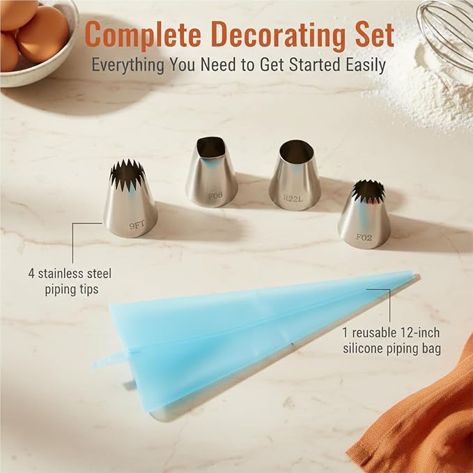 5 PCS Large Piping Tips Set, Stainless Steel Frosting Tip with Reusable Pastry Bag Silver Pastry Cake Decorating Tip Cake Decorating Set Frosting Icing Tips for Jumbo Eclair Churro Meringue