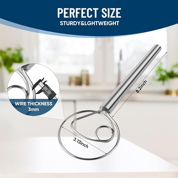 Danish Dough Whisk Stainless Steel Wooden Handle for Sourdough Bread Pizza and Pastry Making