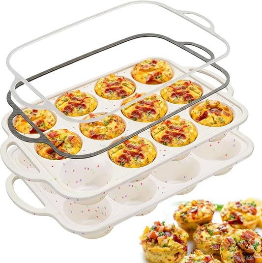 Juome Egg Bites Silicone Mold with Metal Frame, 2 Pack 24 Cups Silicone Muffin Pans for Baking, Nonstick Cupcake Pan Molds for Making Tarts, Meatloaf and Mini Cheesecakes