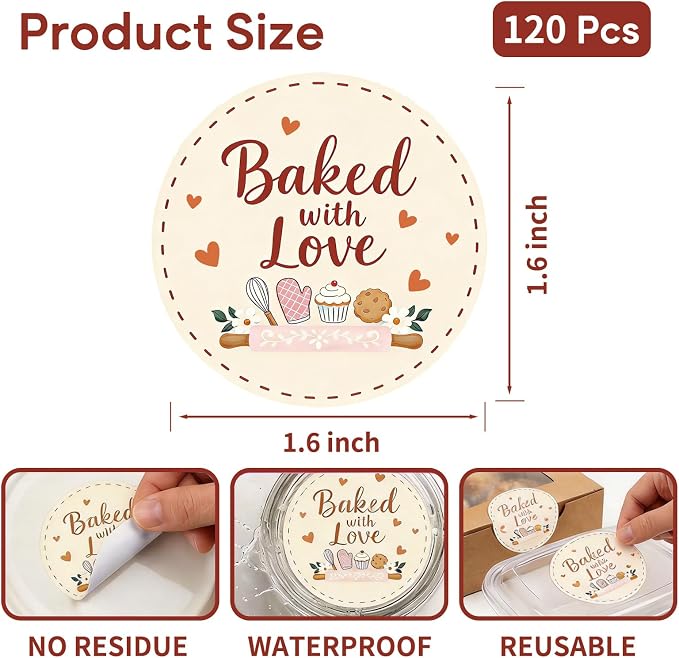 Baked with Love Stickers 120PCS 1.6 Inch Round Baking Labels for Cookies Cupcakes Dessert Table Treat Bags Gift Wrapping Birthday Party Candy Bags Homemade Packaging Small Business (Yellow)