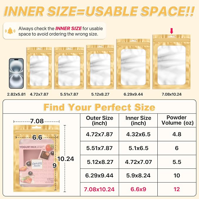 ANZNKU 100 PCS Resealable Mylar Bags with Frosted Clear Window Packaging Bags Foil Pouch Zipper Bag for Food Self Sealing Storage Supplies (7.08x10.24, Light Gold)