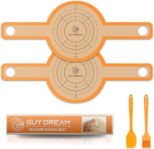 GUYGUYDREMAT Bread Sling for Dutch Oven – Heavy-Duty Reusable Silicone Baking Mat with Finger-Loop Handles, Non-Stick Sourdough Bread Liner, Fits 8–9 Inch Baskets (2-Pack, High-visibility Orange)