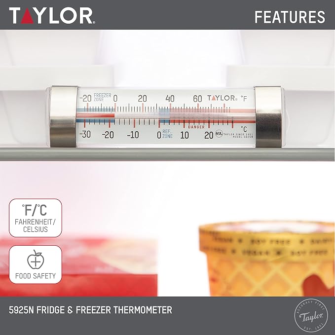 Taylor Large Tube Analog Refrigerator and Freezer Kitchen Thermometer with Suction Cups, Temperature Monitor for Fridge or Freezer, Easy to Read