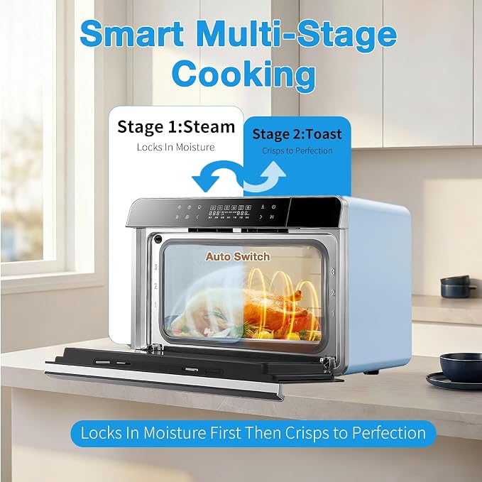 ROBAM Toaster Air Fryer Combi Oven, Countertop Steam Oven 14-in-1 with Convection Steam Roast & Bake, Multi-Stage Cooking, Self-Clean, 7 Modes, 30 Built-In Recipes, for Kitchen Pizza Baking (Blue)
