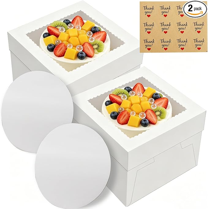 2 Pack Cake Boxes, 12x12x8 Inches Tall Cake Box with Window, Cake Carrier with Lids, White Cake Boxes with Cake Boards, for Cakes Cookie Cupcake Pie Birthday Party Wedding