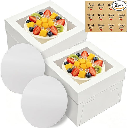 2 Pack Cake Boxes, 12x12x8 Inches Tall Cake Box with Window, Cake Carrier with Lids, White Cake Boxes with Cake Boards, for Cakes Cookie Cupcake Pie Birthday Party Wedding