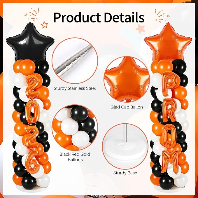 2 Sets Graduation Balloon Column Stand Kits with 132 PCS Orange Black White Latex Balloons 2026 Letters 6.5 Ft Adjustable Metal Tube Telescopic Tower Pillar with Base for Graduation Party Decoration