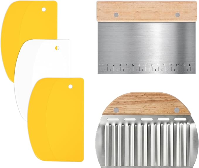 5 Pcs Bench Scraper, Bench Scraper Kitchen 2 Pcs Stainless Steel Dough Scraper with Wood Handle and 3 Pcs PP Food Scraper with Hanging Hole, Multipurpose Bread Dough Cutter for Baking-Yellow