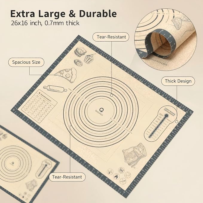 Silicone Baking Pastry Dough Mat - 26x16Inch Extra Large Cookie Bread Rolling Mats Sheet, Nonstick Kitchen Counter Kneading Board,Thick Reusable Pie Cookies Pizza Fondant Making Matt Measurement(Gray)