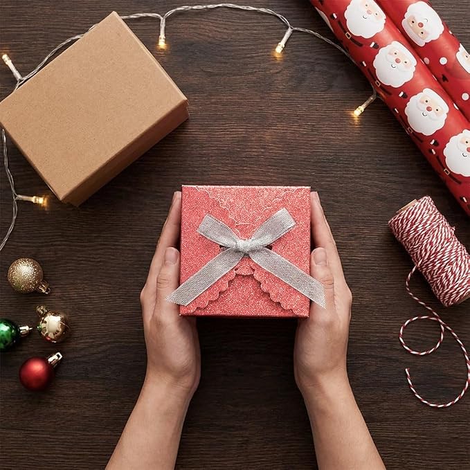 WEWILUCK Red Glitter Gift Boxes 4x4x4 Inch, Small Cube Favor Boxes with Silver Ribbon, Sparkly Paper Gift Box for Wedding, Party Favors, Christmas, Candy & Treat Packaging