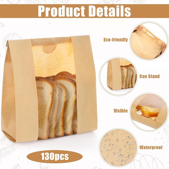 130 Pack Homemade Sourdough Bread Bags, 14" x 8.3" x 3.5" Large Paper Bread Bag with Window 160 Stickers for Bake Sale Bakery Storage