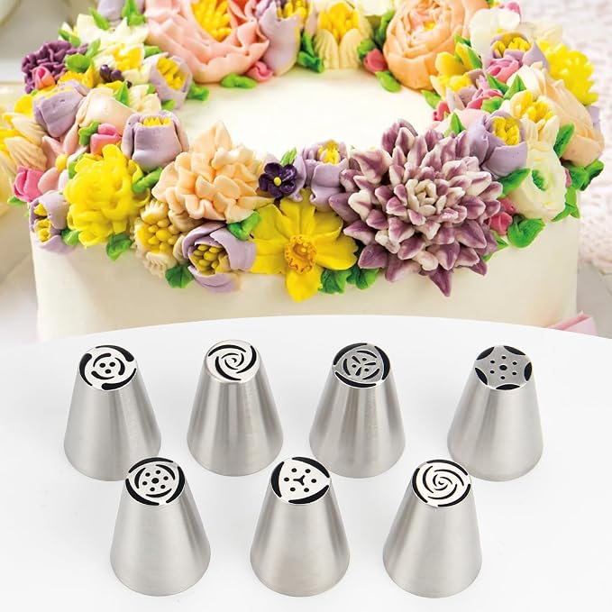 7-Pieces Large Russian Piping Tip, 304 Stainless Steel Korean Style Nozzle, Creative Frosting, Buttercream, and Bean Paste Decorating Tip for Cupcakes, Cookies, and Desserts (L, Style 1)