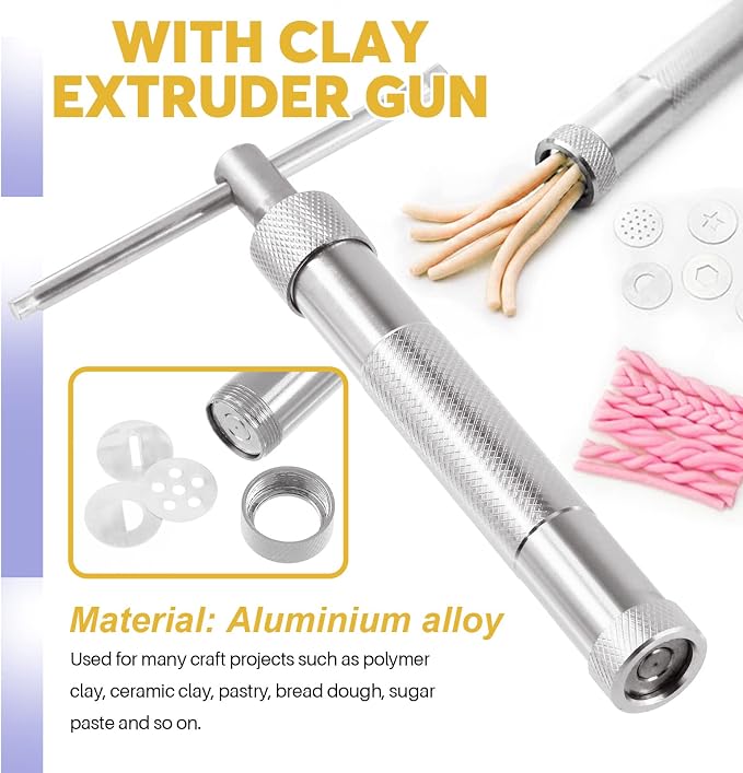 Swpeet 36Pcs Silver Clay Extruder Gun Fondant Sugar Paste Extruder Clay Cake Sculpture Gun, Ball Stylus Dotting Tool with Plastic Scraper, Cake Decorating Supplies Modeling Tool