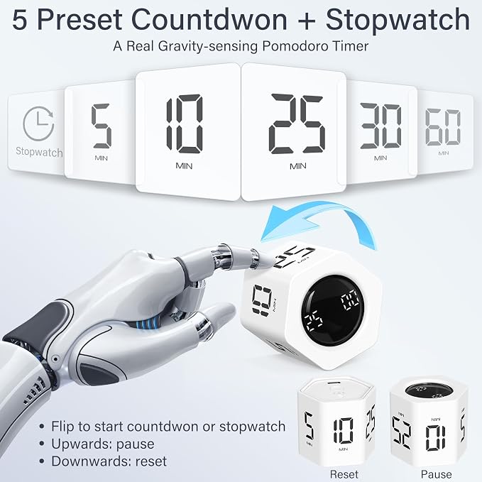 Rotating Pomodoro Timer 5, 25, 10 30,60 Mins Preset Stopwatch, Desk Flip ProductivityTimer, ADHD Tool Hexagon, Vibration/Mute/Alarm, for Work, Study, Back to School, Kitchen, White