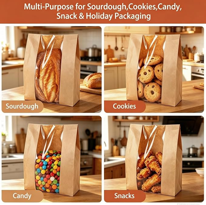 60 Pcs Bread Bags for Homemade Bread, Sourdough Bread Bags With Clear Window, 13.7x8.2x3.7in Large Thicker Bakery Bags Used for Storage Loaves Cookies Candy Snacks, 70 Cute Sealing Stickers