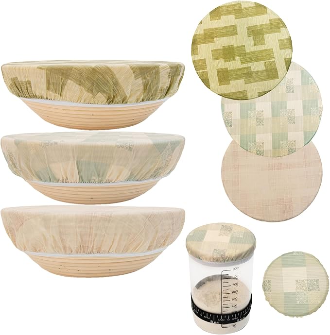 3Pack 10IN Beeswax Bowl Covers with a 4IN Sourdough Jar lid,Reusable Bowl Covers for Bread Proofing,100% Organic Cotton,Elastic Shower Caps for Sourdough Bread,Dough Proofing & Food Storage