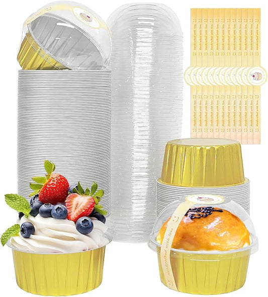 100 Pack 5oz Cupcake Pans with Dome Lids, Disposable Ramekin Cupcake Liners,Reusable Mini Muffin Case Dessert Containers for Birthday Wedding Party (Gold)
