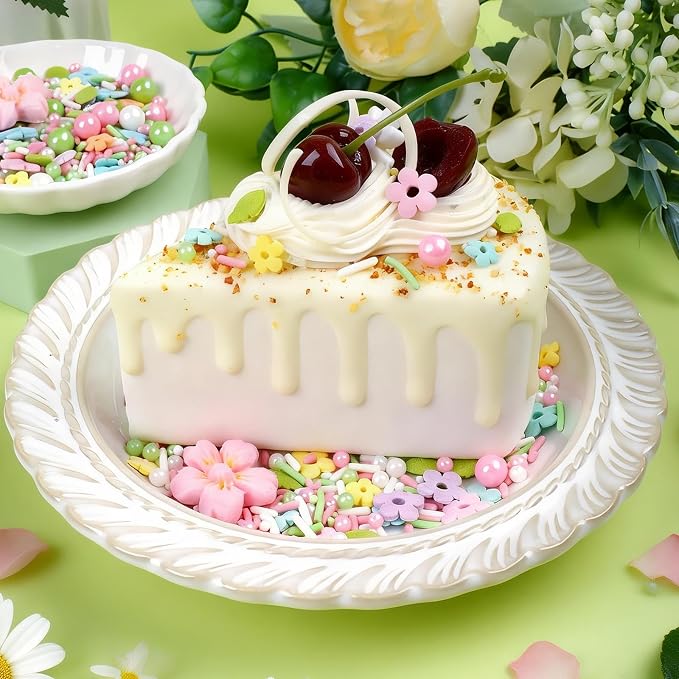 Pastel Flowers Sprinkles for Cake Decorating, 4.6oz/130g - Edible Flower Mix with White, Green & Pink Pearls Sprinkles, Leaves & Jimmies for Baking, Cookies, Cupcakes, Donuts, Ice Cream Toppings