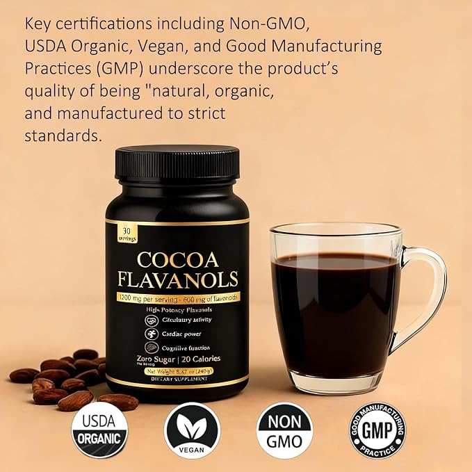 High Flavanol Cocoa Powder Supplement with 1200mg Flavanols & Flavonoids (600mg Epicatechin) for Heart Health, Nitric Oxide Support & Energy, 10X More Flavanols Than Regular Cocoa Powder (01)