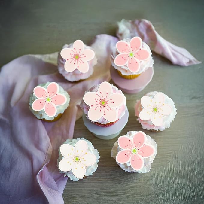 Gyufise 54Pcs Edible Flowers Cake Decorations Pink Edible Cherry Blossoms Cupcake Toppers Wafer Paper Flowers Cupcake Picks for Baby Shower Kids Birthday Party Food Decorations Supplies Multi