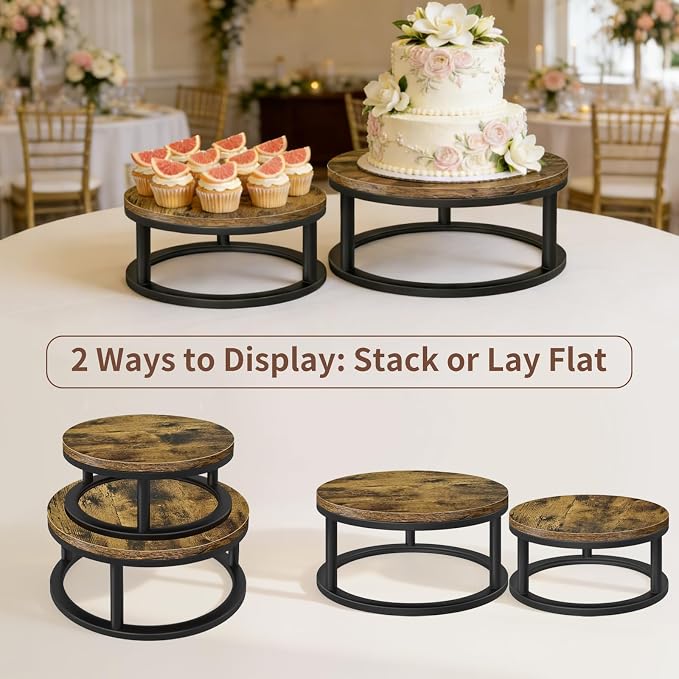 Cake Stand Set, 2 Packs Round Cupcake Stand Cake Pedestal Stand (10"/12" Plate) Industrial Rustic Wood Rustic Dessert Table Display Stand Set Serving Tray for Party, Wedding, Birthday, Baby Shower