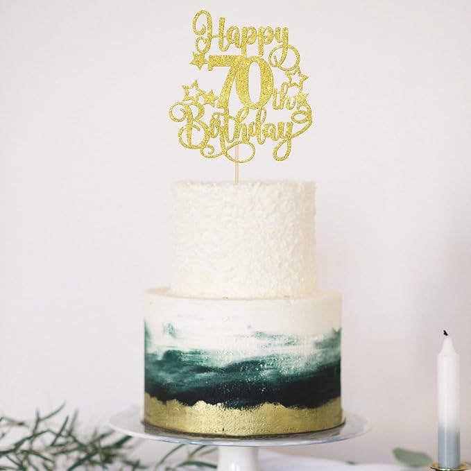 1 PCS Happy 70th Birthday Cake Topper Glitter Cheers to 70 Years Birthday Cake Pick Hello 70 Fabulous Cake Decoration for Happy 70th Birthday Anniversary Party Decorations Supplies Gold
