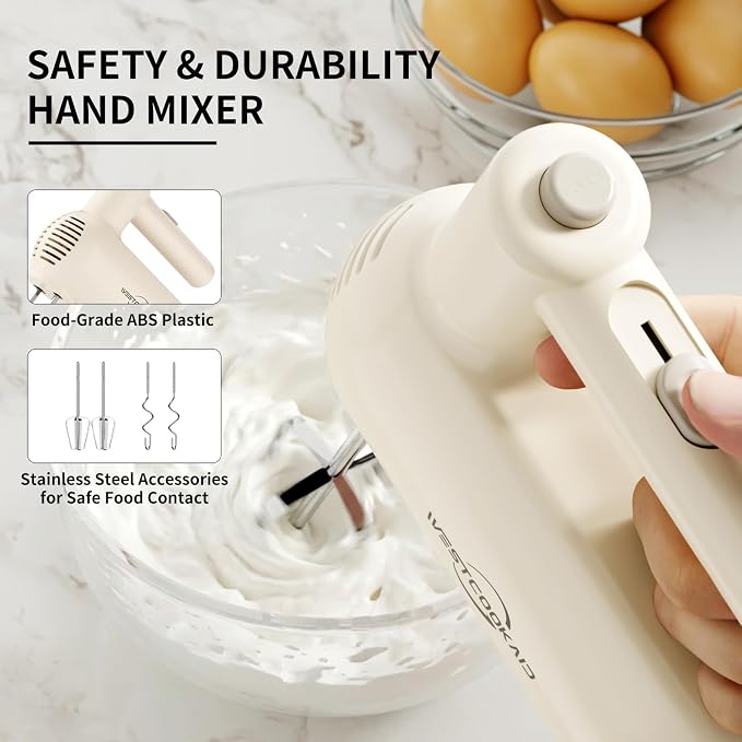 Hand Mixer Electric Handheld, Lightweight Hand Mixer Upgraded Motor, 5-Speed Electric Mixer With Stainless Steel Beaters, Dough Hooks, Westcookaid Turbo Ultra Power+ Eject For Cakes Eggs, White