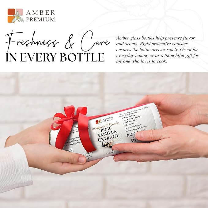 Amber Premium Pure Vanilla Extract 8 fl oz – Madagascar Bourbon Vanilla Extract, No Added Sugar, Non-GMO, Kosher, Vegan, Gluten-Free, Allergen-Free, No Preservatives - Elegant Amber Bottle